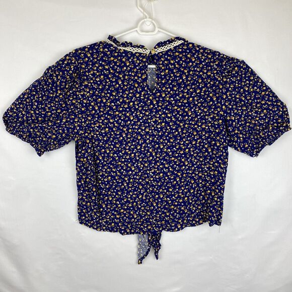 Blue Floral Print Half Sleeve Top Rayon Blouse Women Size L - Picture 6 of 10